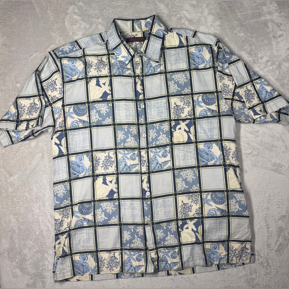 Tori Richard Men’s Cotton Lawn Blue Green Cream Ocean Seashell Hawaiian Shirt M